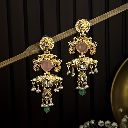 Shahana Kashmiri Matte Brass Ghungroo Earrings - Pastel Pink & Green