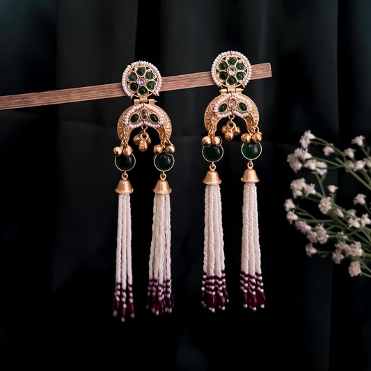 Janani Premium Pearl Drop Kashmiri Brass Ghungroo Earrings - Dark Green & Pink