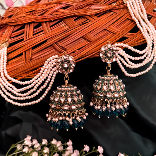 Mehvish Jadau Reverse AD Jhumka Earrings with Earchain - Peacock Blue