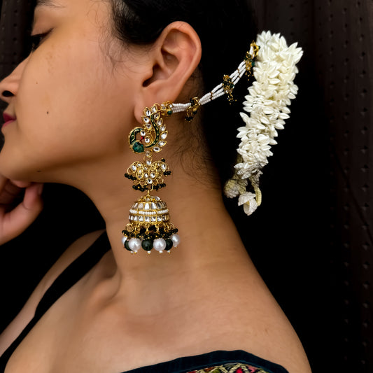Manya Royal Jhumka Earrings with Sahara/Earchains - Green