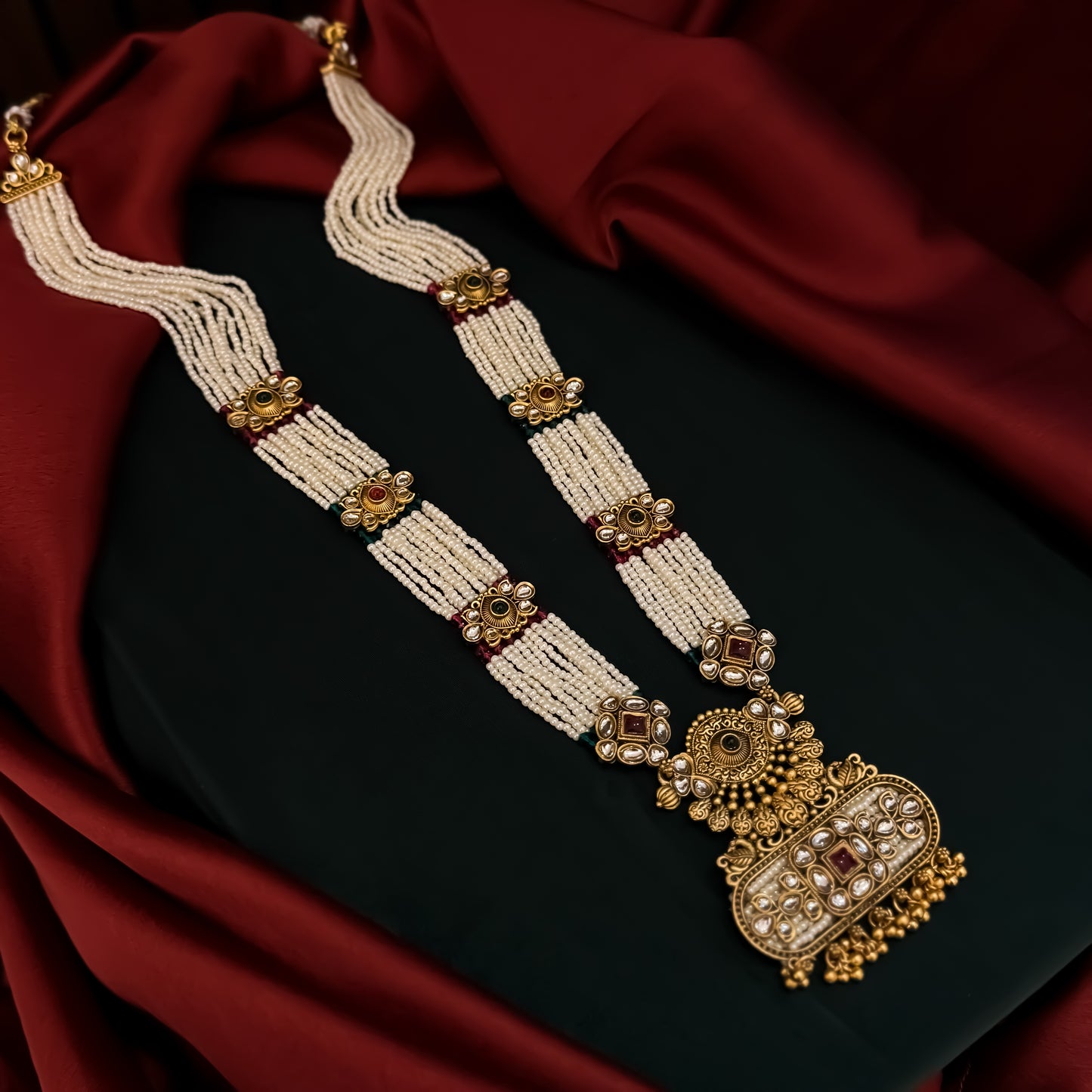 Kinjal Rajwadi Long Necklace Set - Green & Pink