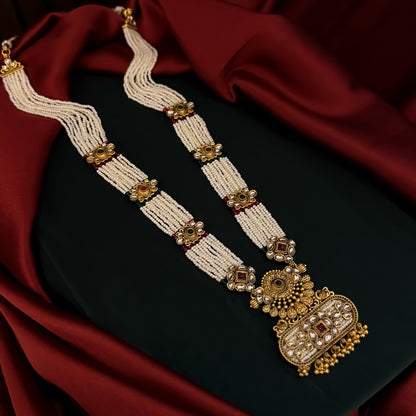Kinjal Rajwadi Long Necklace Set - Green & Pink