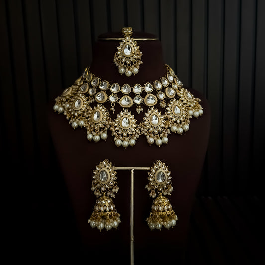 Swaraaj Premium Pearl Kundan Bridal Necklace Set - Golden