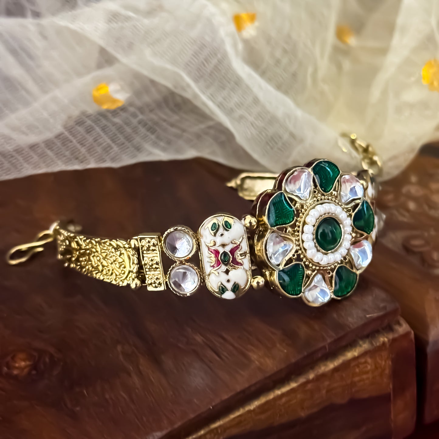 Green Farukh Kashmiri Kundan Adjustable Bracelet