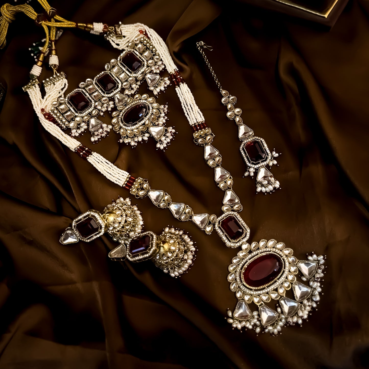 Israni Premium Kundan Long & Short Necklace Set - Maroon