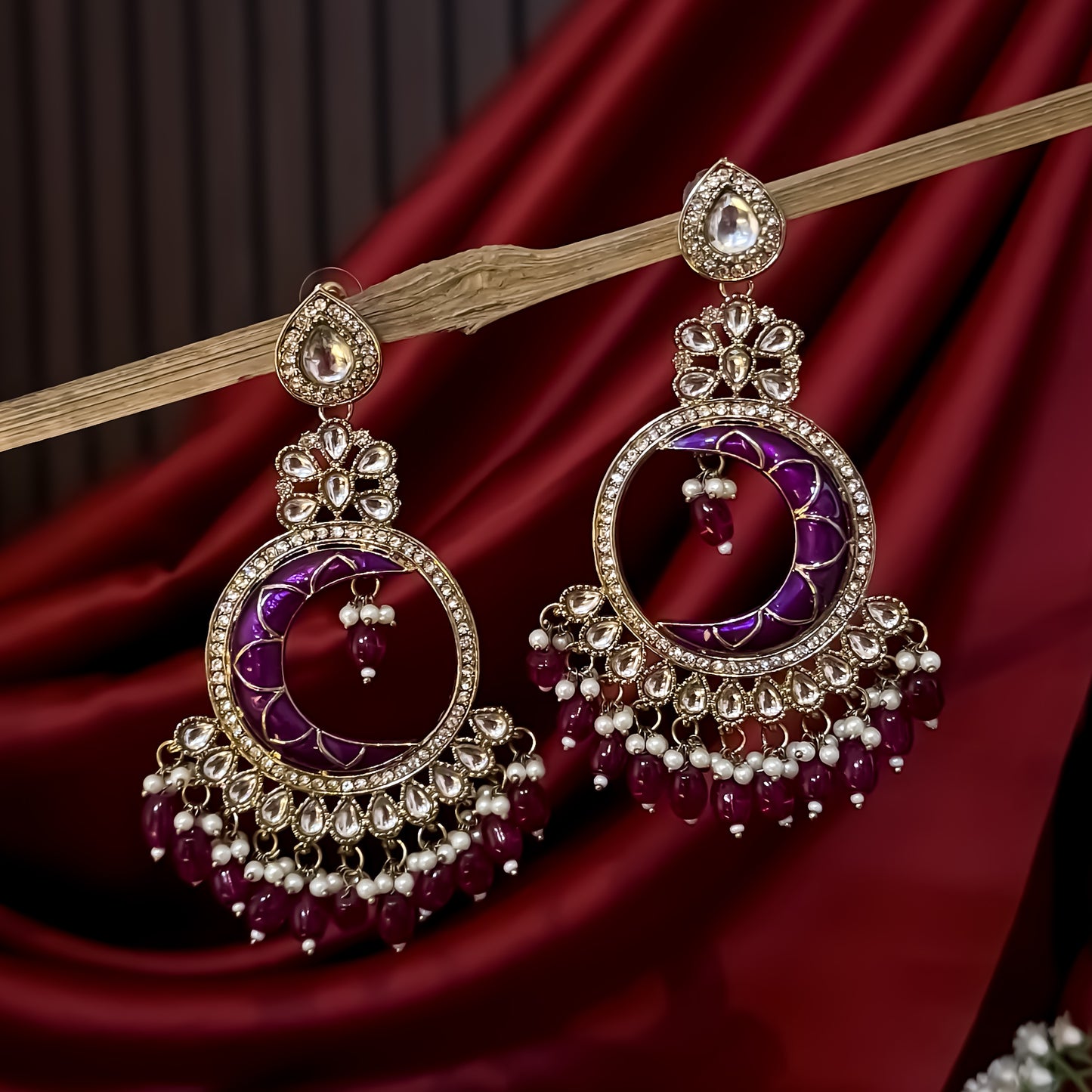 Kunica Kundan Pearl Chandbali Earrings - Purple