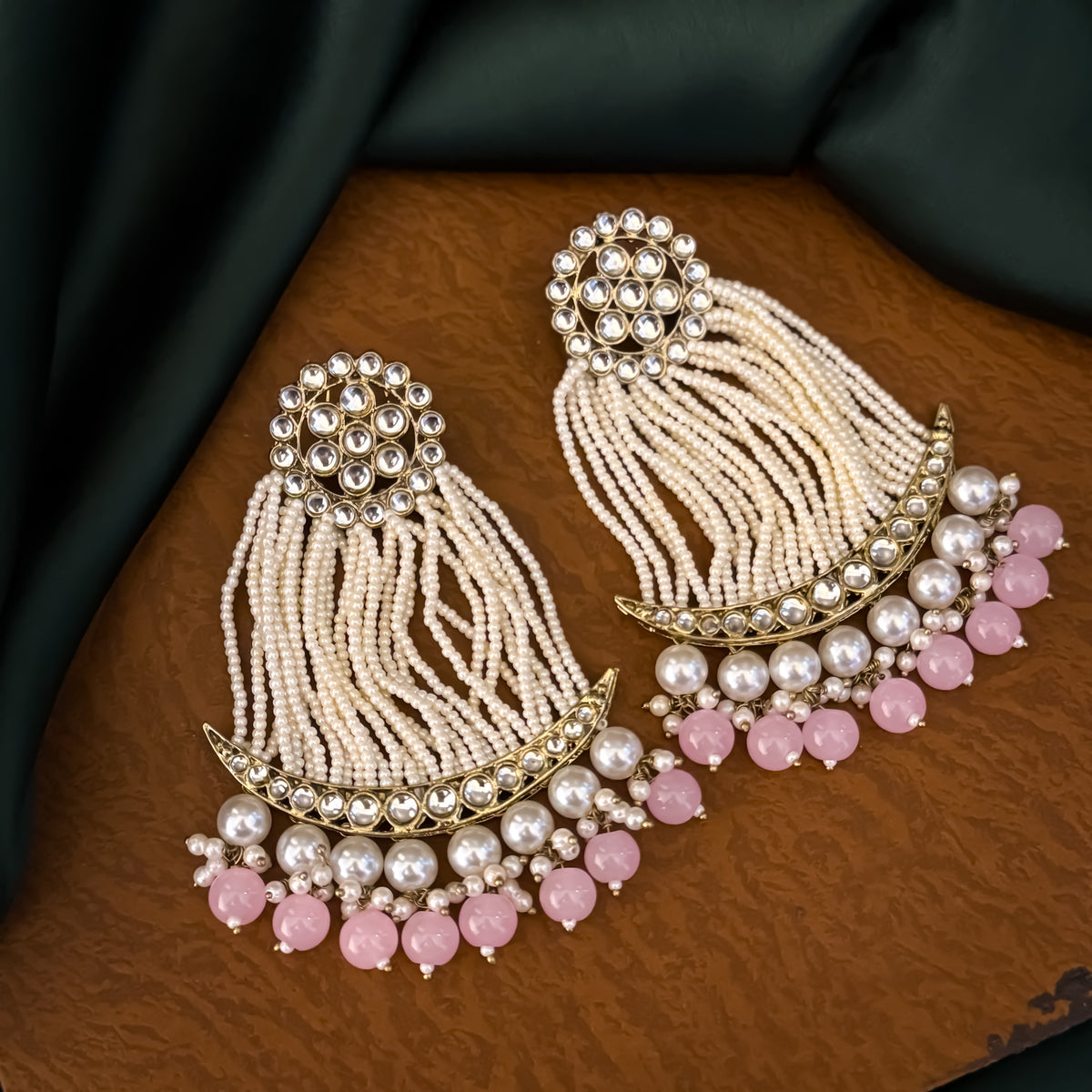 Pastel Pink Nikhat Kundan Pearl Chandbali Earrings