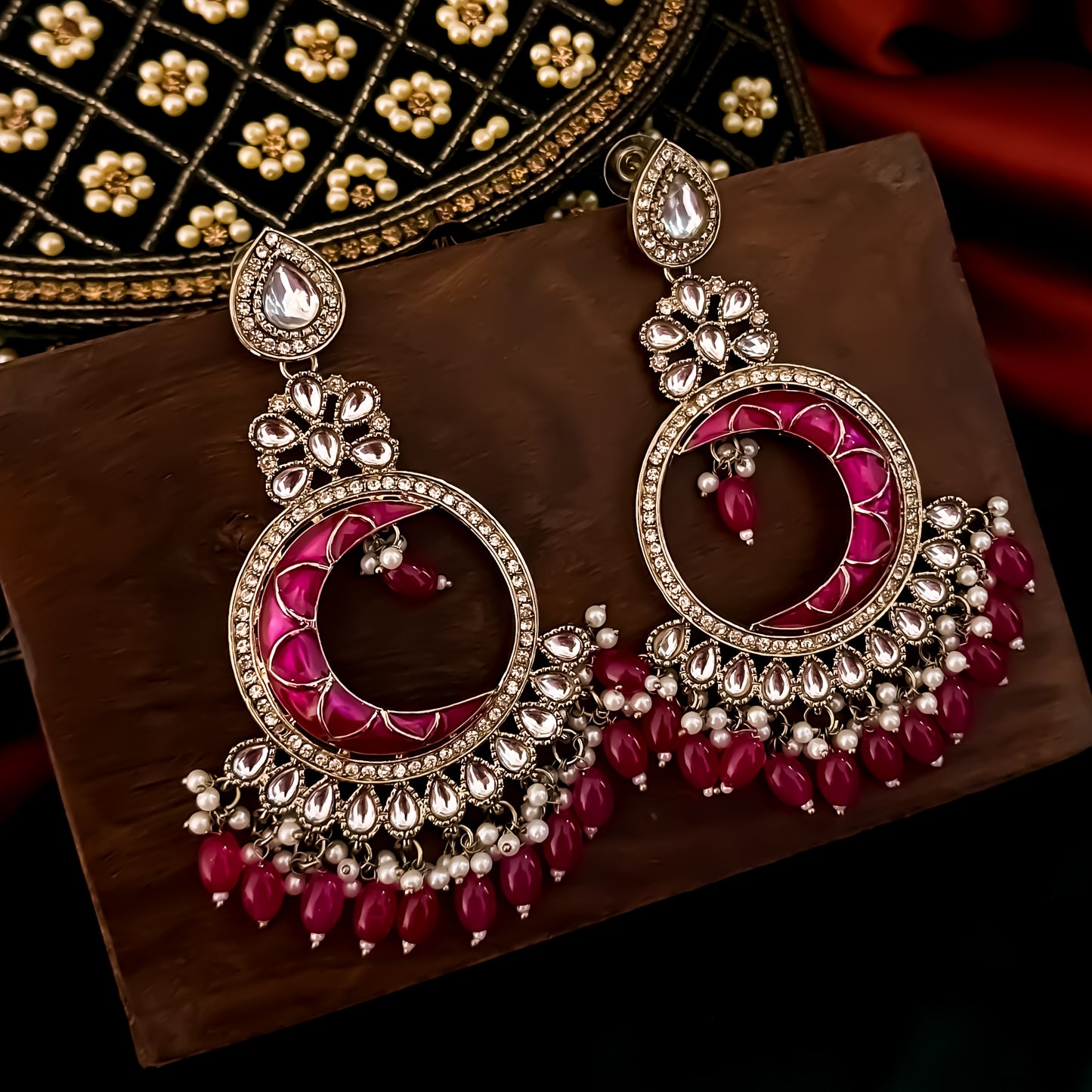 Kunica Kundan Pearl Chandbali Earrings - Pink