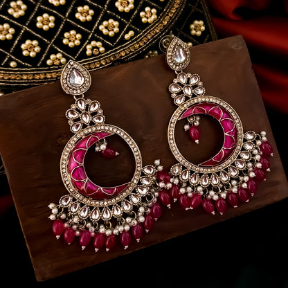 Kunica Kundan Pearl Chandbali Earrings - Pink