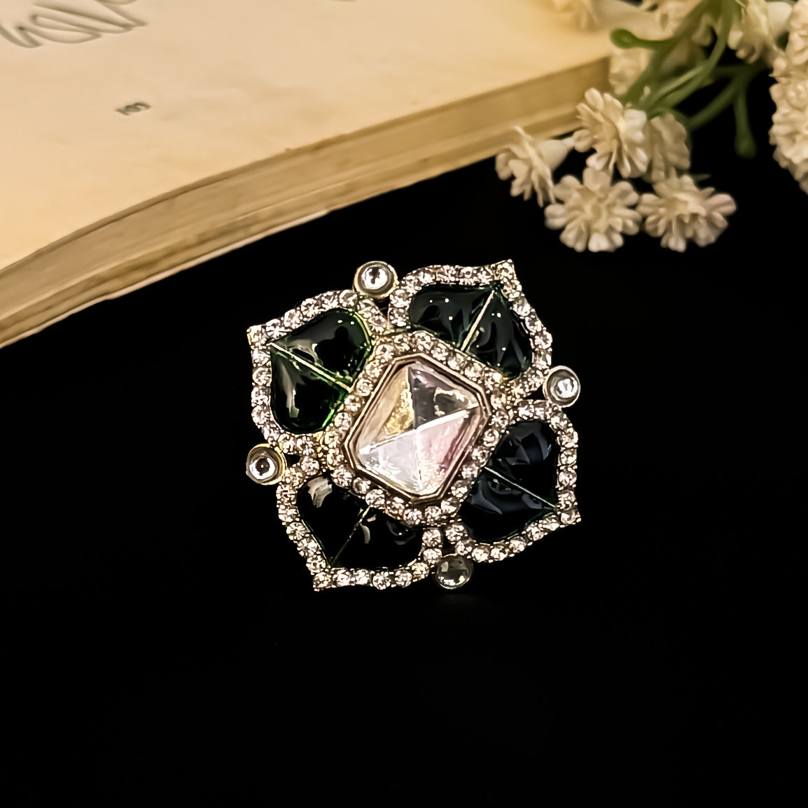 Shraddha Polki Premium Meenakari Adjustable Ring - Green