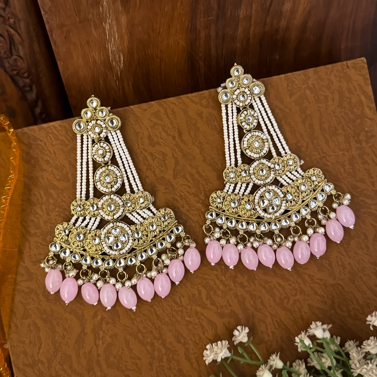 Pastel Pink Kinza Kundan Pearl Chandbali Earrings