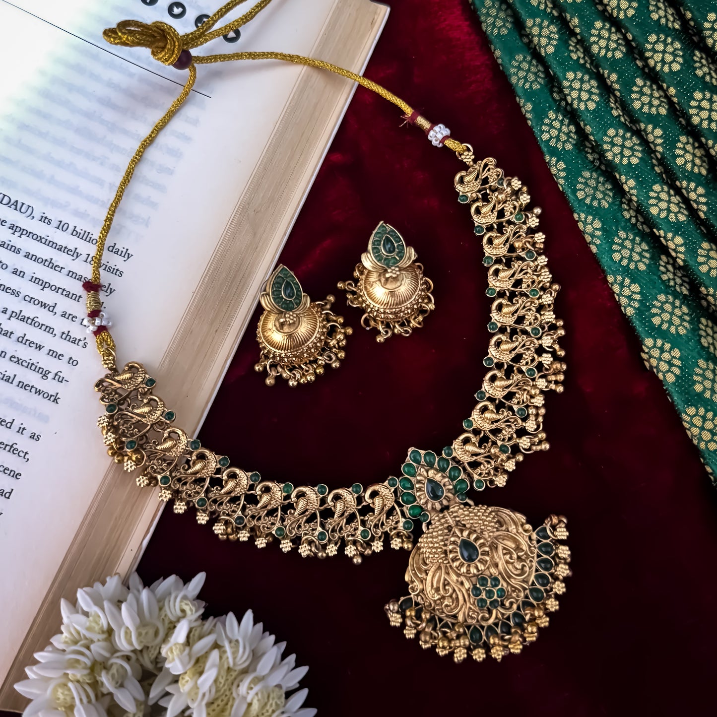 Nyra Peacock Temple Necklace Set - Gold & Green