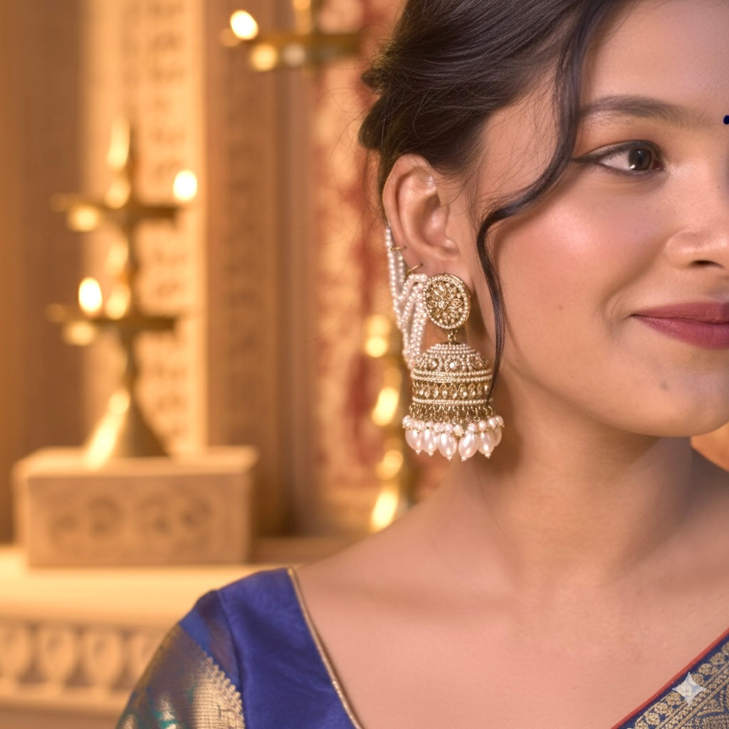 Rubina Jadau Reverse AD Jhumka Earrings with Earchain - Golden
