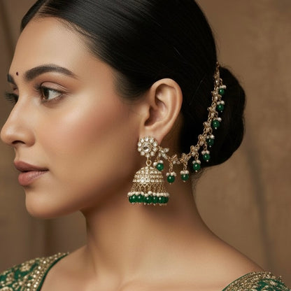 Kashi Kundan Jhumka Earrings with Sahara/Earchains - Green