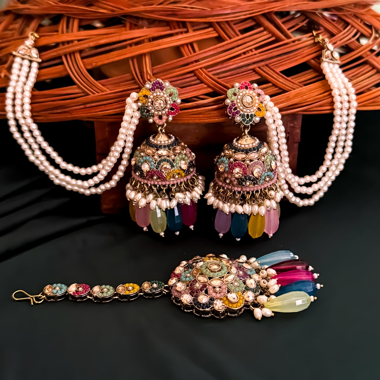 Mahtaab Jadau Reverse AD Jhumka Earrings with Earchain & Teeka - Multi