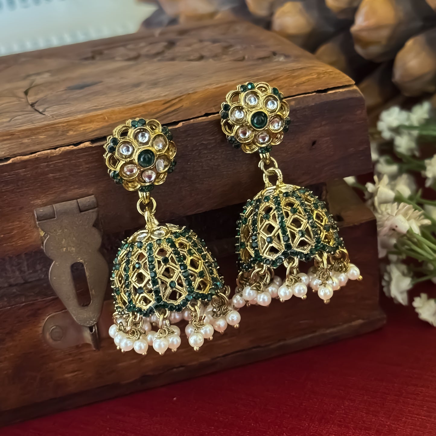 Green Gurleen Cutwork Pearl Jhumka Earrings