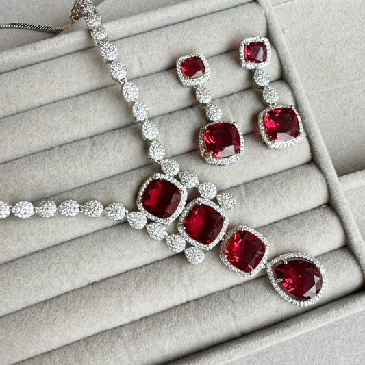 Emily Designer AD Necklace Set- Ruby Red