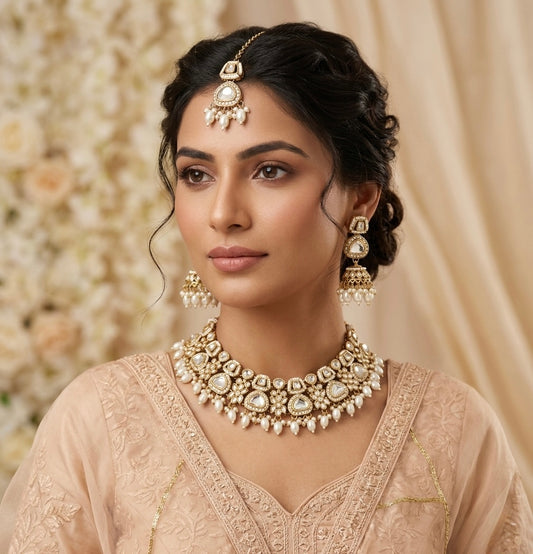 Ramsha Royal Kundan Necklace Set - Golden