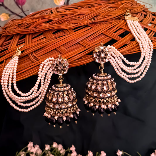Mehvish Jadau Reverse AD Jhumka Earrings with Earchain - Black