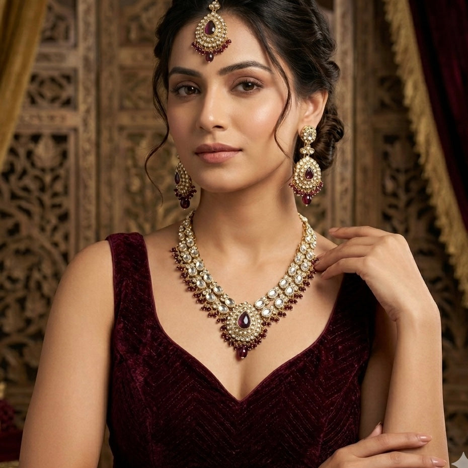 Bela Royal Kundan Necklace Set - Wine