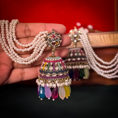Mehvish Jadau Reverse AD Jhumka Earrings with Earchain - Multi