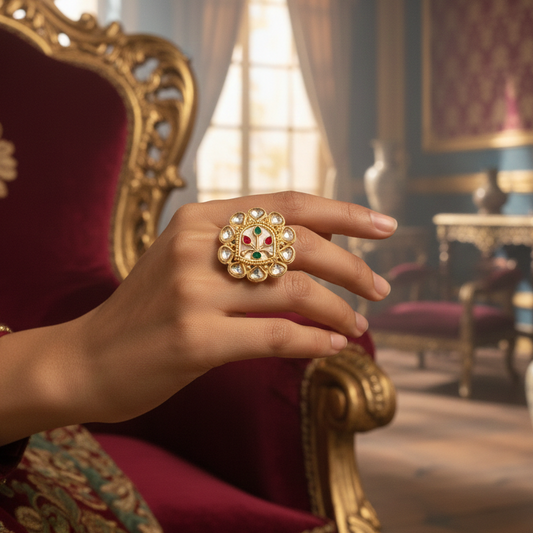 Rashi MOP Kundan Ring - Pink & Green