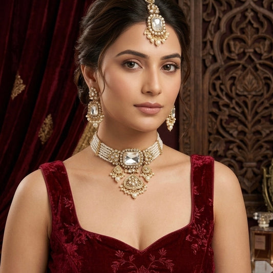 Shriya Royal Kundan Choker Necklace Set - Golden