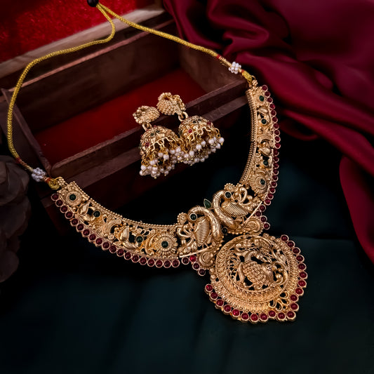 Shriya Lakshmi Temple Motif Hasli Necklace Set - Golden