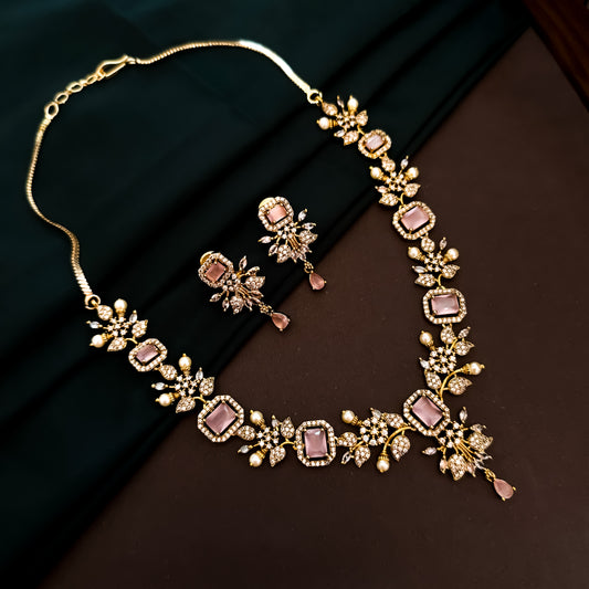 Shreshtha AD Necklace Set - Pastel Pink