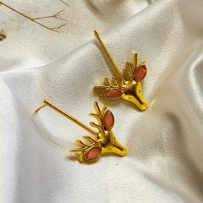 Unique Raindeer Handcrafted Brass Earrings- Pastel Pink