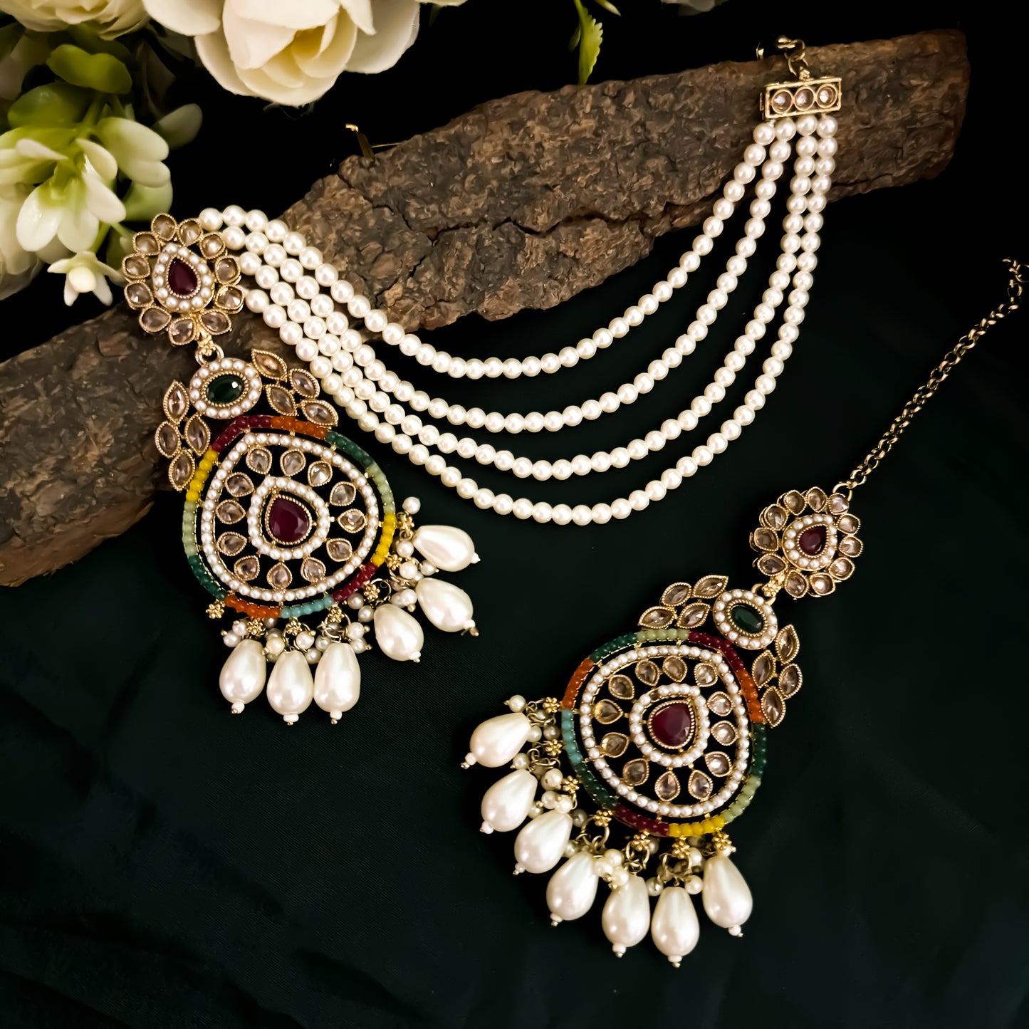 Kanika Jadau (Reverse AD) Chandbali Sahara Earrings & Mangtika Set - Multi