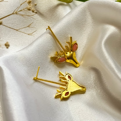Unique Raindeer Handcrafted Brass Earrings- Pastel Pink