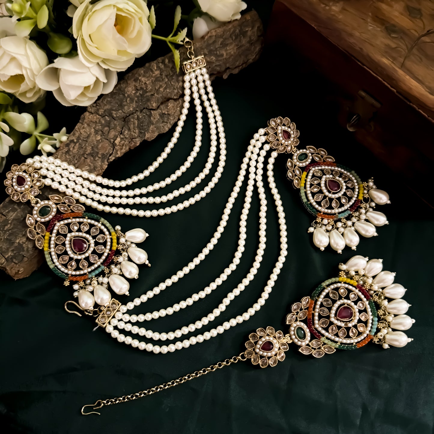 Kanika Jadau (Reverse AD) Chandbali Sahara Earrings & Mangtika Set - Multi
