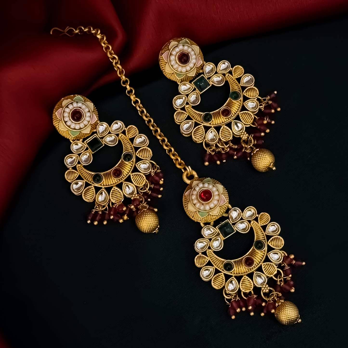 Sayantika Rajwadi Matte Polish Necklace Set - Pink & Green