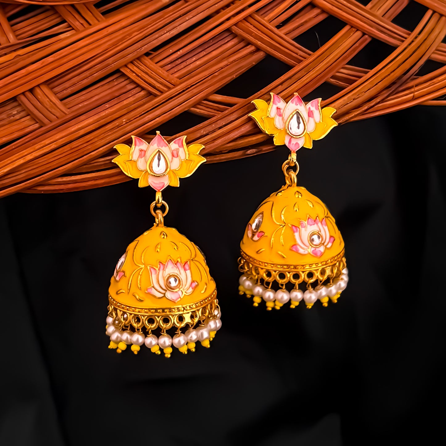 Meenakari Lotus Jhumka Earrings- Yellow