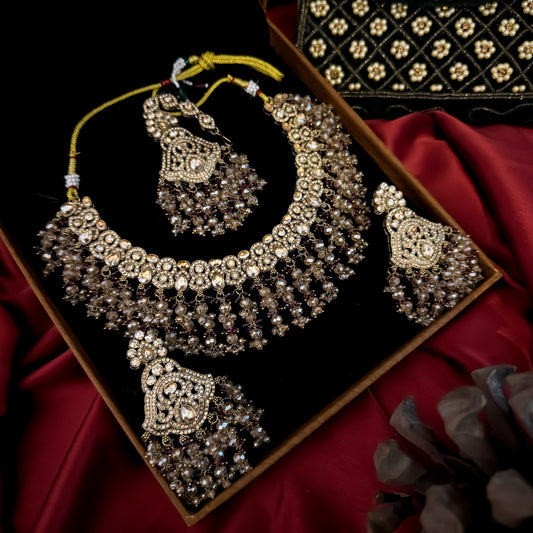 Madiha Premium Reverse AD Necklace Set - Wine