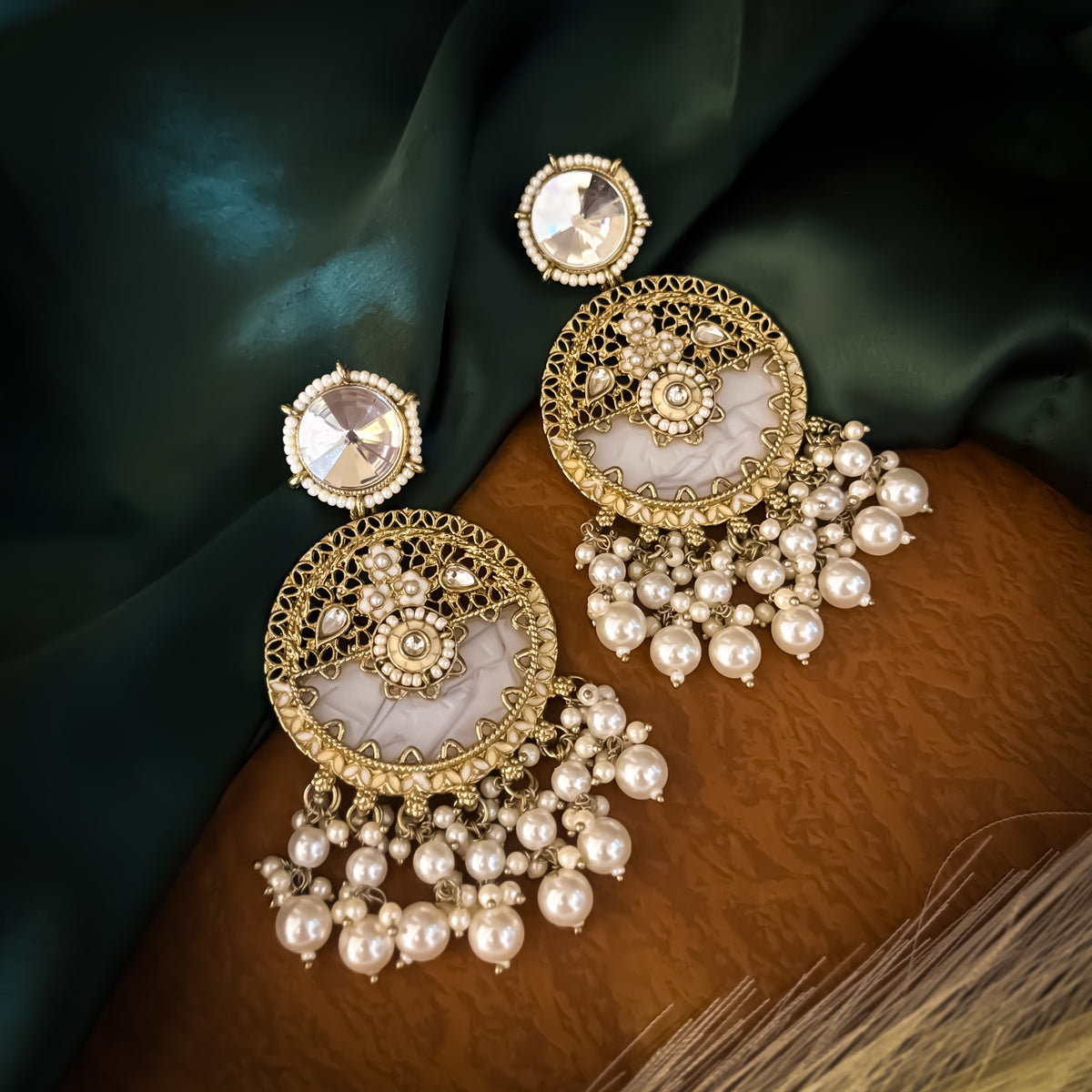 Golden Pallavi MOP Pearl Meenakari Chandbali Earrings