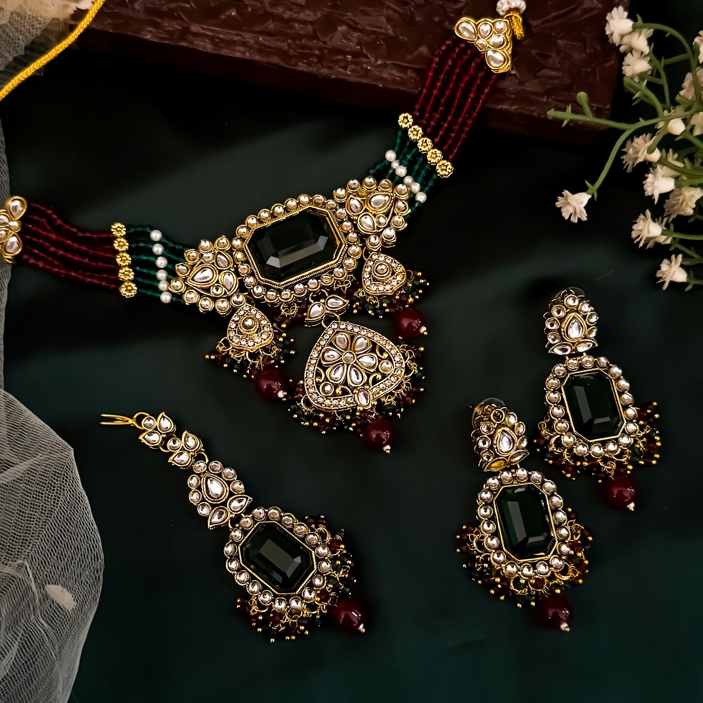 Shriya Kundan Choker Necklace Set - Maroon & Green
