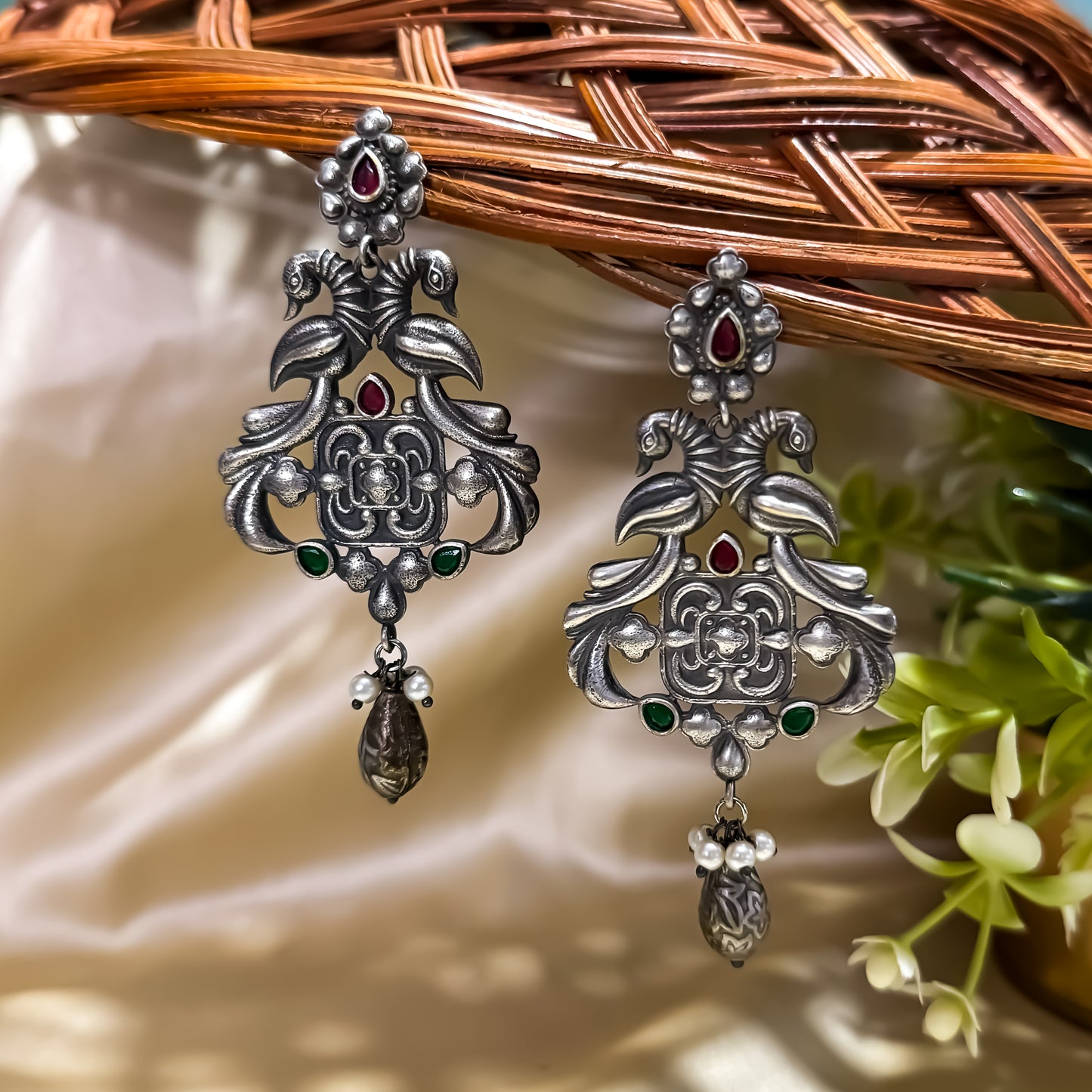Ruhani Handcrafted SLA Brass Earrings - Ruby & Green