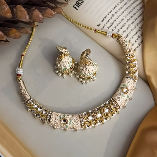 Malishka Meenakari Hasli Necklace Set - Golden/Ivory