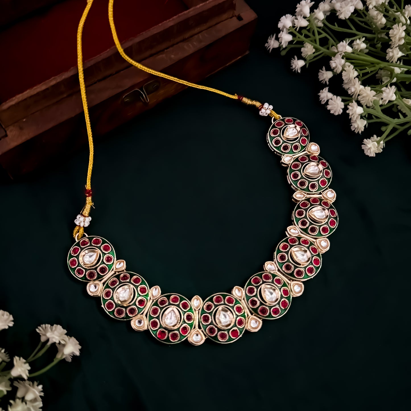 Brinda Kundan Necklace Set- Pink & Green