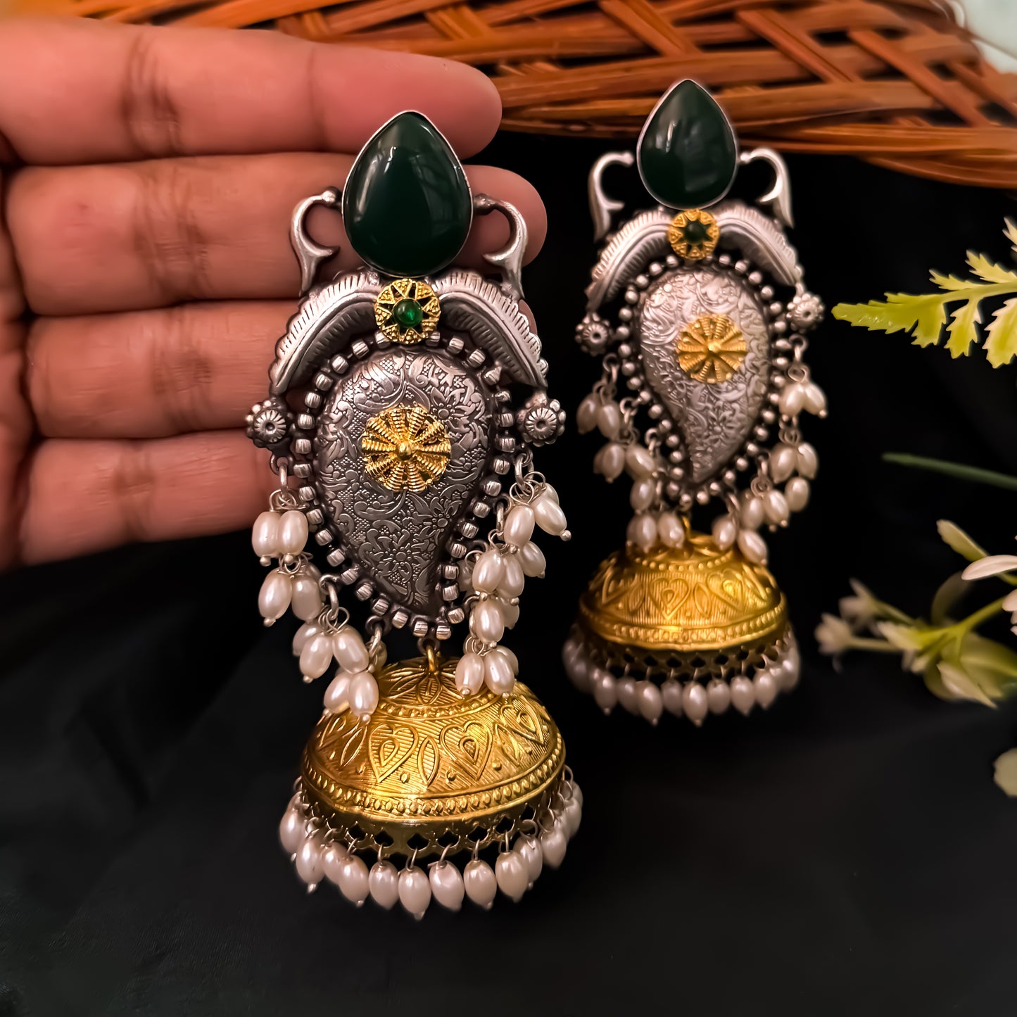 Ruhani Premium Brass Dual Tone Jhumka Earrings - Green