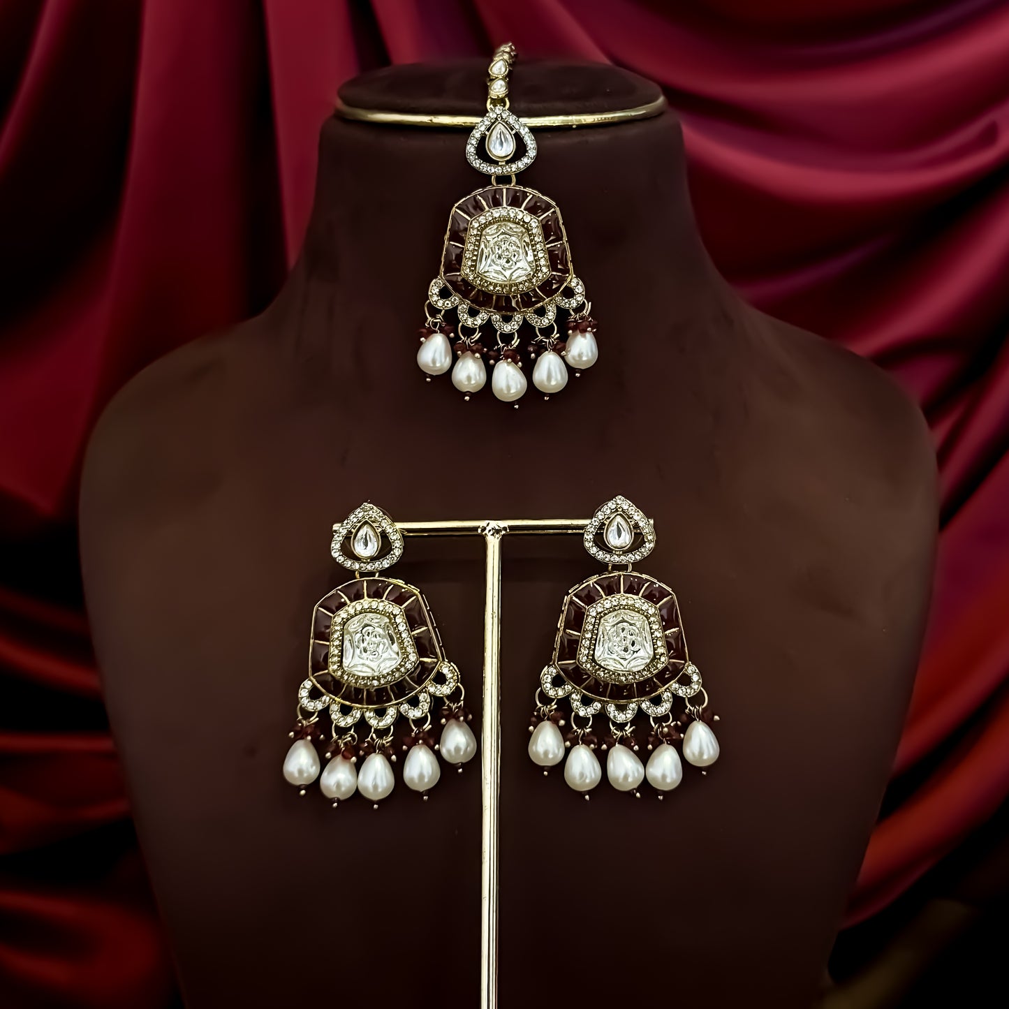 Tanishka Polki Premium Necklace Set - Maroon