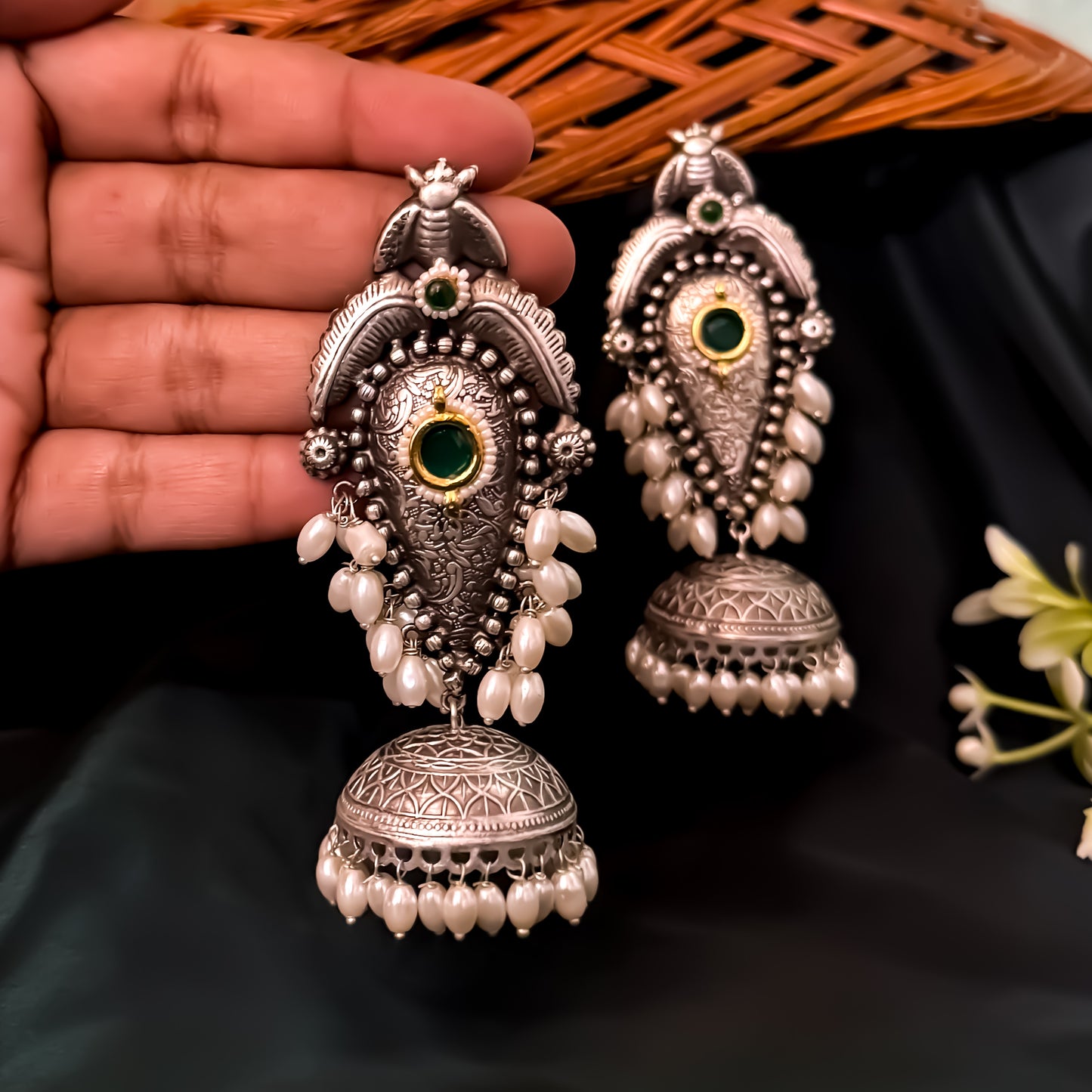 Vishakha Brass Jhumka Earrings - Green