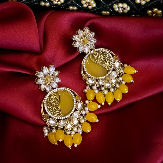 Ishika Premium Cutwork MOP Premium Chandbali Earrings - Yellow