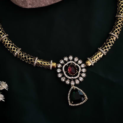 Srijya Victorian Work Pink & Green AD Hasli Necklace Set