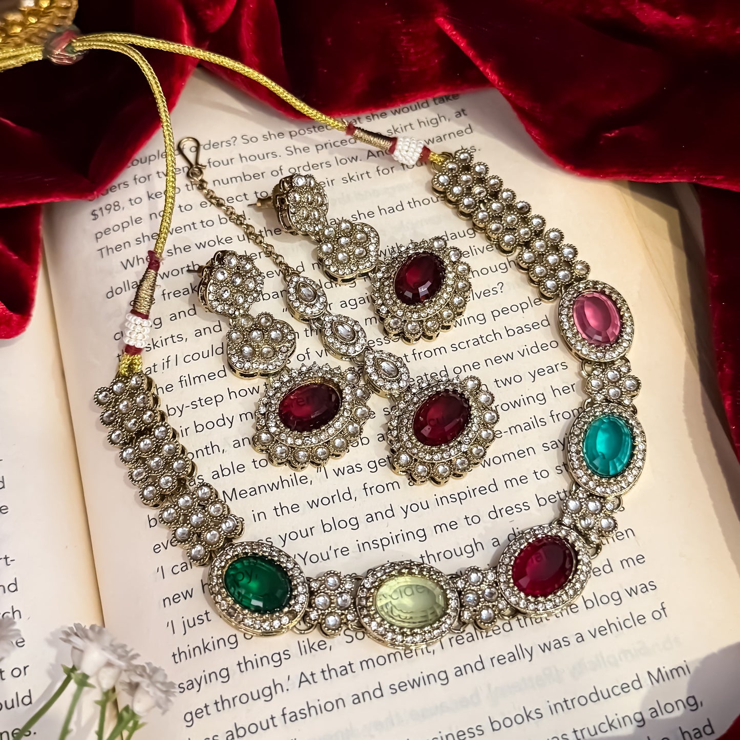Ishkara AD Polki Look Alike Necklace Set - Multi