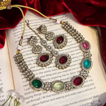 Ishkara AD Polki Look Alike Necklace Set - Multi
