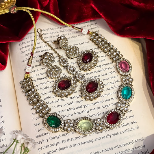 Ishkara AD Polki Look Alike Necklace Set - Multi