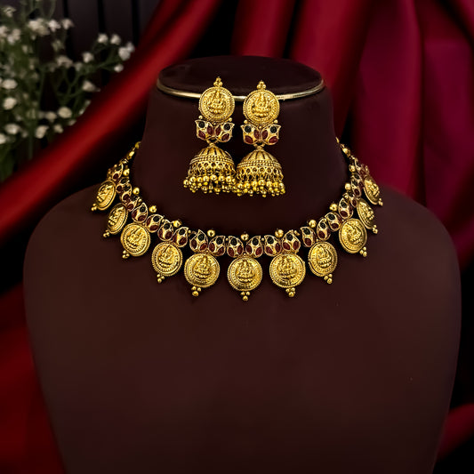 Lavika Kasumala Coin Temple Necklace Set - Pink & Green